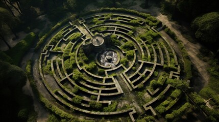 Image from above of a circular maze - obrazy, fototapety, plakaty