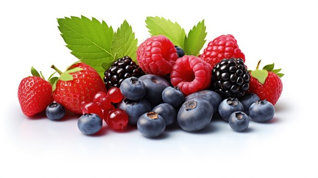 wild berries mix, strawberry, raspberry, currant, blueberry, cranberry, blackberry isolated on white background, clipping path, full depth of field