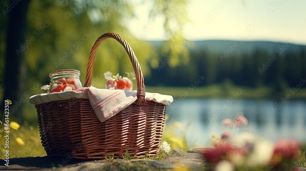Poster picnic basket on a table against the background of nature. rest and summer mood. departure for a pic