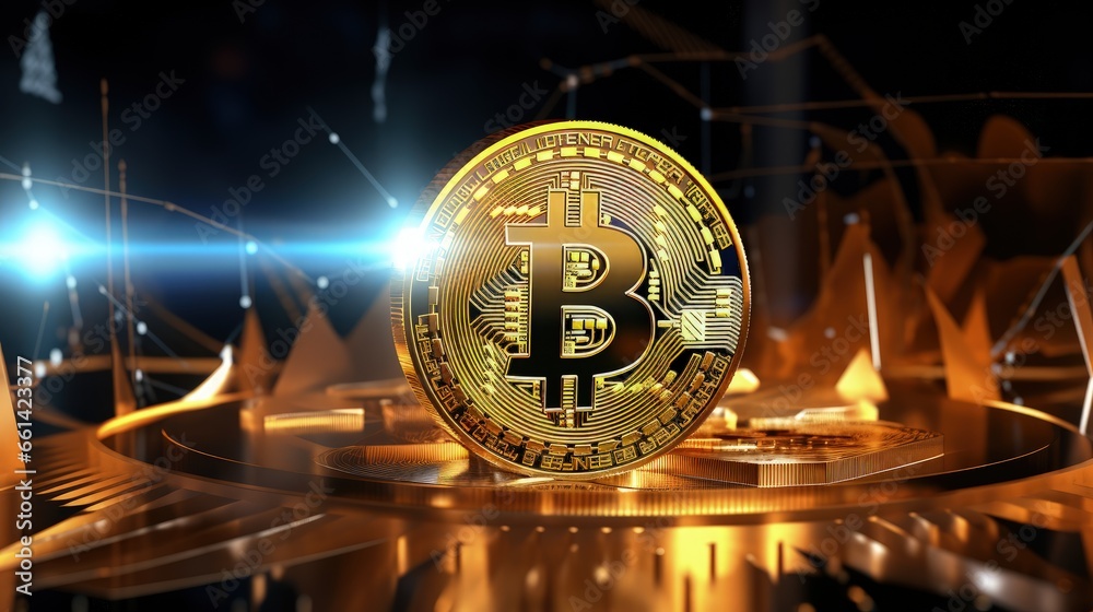 Leinwandbilder golden bitcoin coin in neon light with bull trading stock chart.bitcoin gold and cash lightning bloc