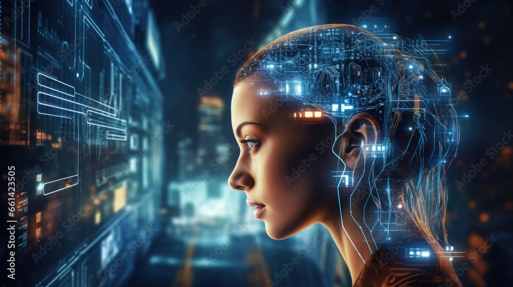Poster sending information through artificial intelligence systems, ai, technology data transmission, conce