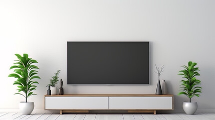 Mockup a TV wall mounted with decoration in living room and white wall.3d rendering