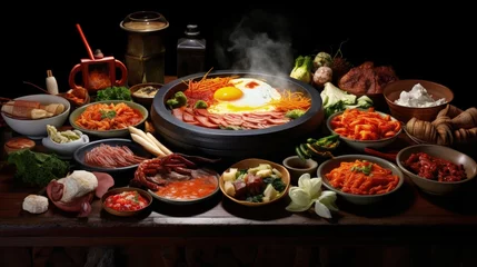 Fotobehang korean food, bibimpap, bulgogi, kimpap, tteok boggi © HN Works