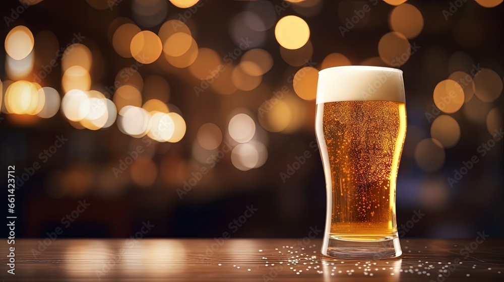 Aufkleber glass of chilled beer on table and blurred sparkling bar background.