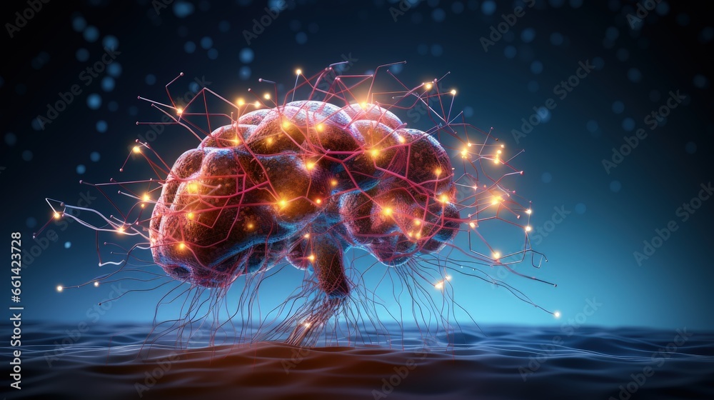 Poster Artificial intelligence, AI, cyber brain. Digital mind 3D illustration. Neural connections and data analysis network structure