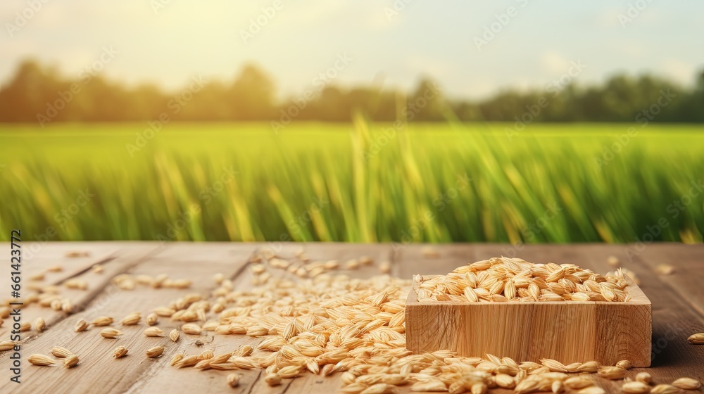 Leinwandbilder Wooden table top on blur rice field background in daytime.Harvest rice or whole wheat.For montage product display or design key visual layout.View of copy space.