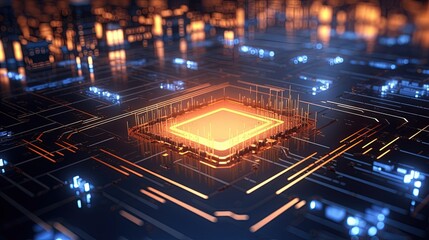 3D Rendering of digital binary data on microchip with glow circuit board background. Concept of for deep machine learning, crypto currency, hi tech product uses. Big data visualization, cpu processing - obrazy, fototapety, plakaty