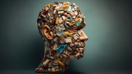 Concept of recycling and recycle idea as garbage waste shaped as a human head made of glass plastic and cardboard trash on a horizontal background in a 3D illustration style.