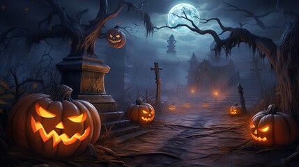 Fototapeta premium Beautiful painted concept of a Magical Halloween Scene with Jack o Lanterns (carved and lit pumpkins), Haunted Houses, Mist, Bats and the Moon