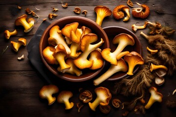 Chanterelle mushrooms are ready to cook in a bowl. Top view. Free space for text.