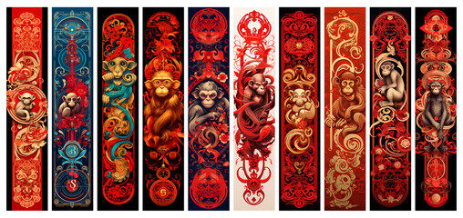 Bundle of Chinese Horoscope Monkey Bookmarks Printable. Monkey Zodiac Bookmark Set. Beautiful bookmarks for book lovers - obrazy, fototapety, plakaty