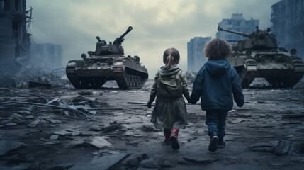 War concept, Two homeless little kids in a destroyed city, soldiers, helicopters and tanks, fear, war, battle, Human rights, Humanitarian crisis