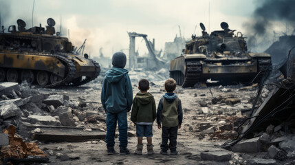 War concept, homeless little kids in a destroyed city, soldiers, helicopters and tanks, fear, war, battle, Human rights, Humanitarian crisis