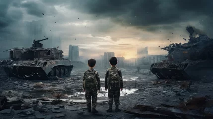 Fototapeten War concept, Two homeless little kids in a destroyed city, soldiers, helicopters and tanks, fear, war, battle, Human rights, Humanitarian crisis © bedaniel