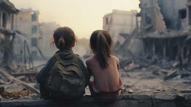 War concept, Two homeless little girls in a destroyed city, soldiers, helicopters and tanks, fear, war, battle, Human rights, Humanitarian crisis