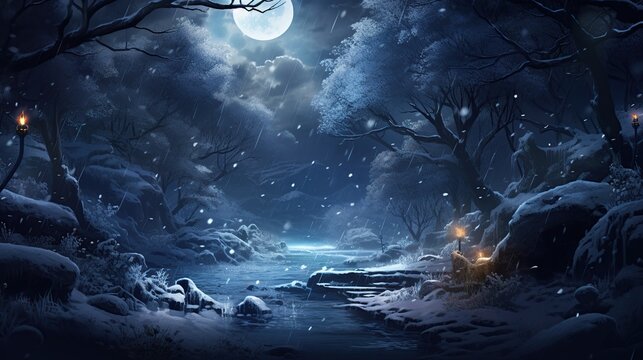 Panoramic winter snow forest landscape background. AI generated image