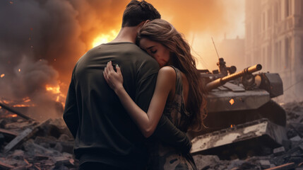 Couple embracing in a destroyed city with fire, war, destruction, love, hope, Resilience, Survivors, Human rights, Humanitarian crisis