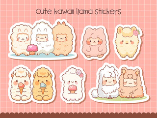 Cute kawaii llamas with ice cream sticker sheet. Vector illustrtaion. 