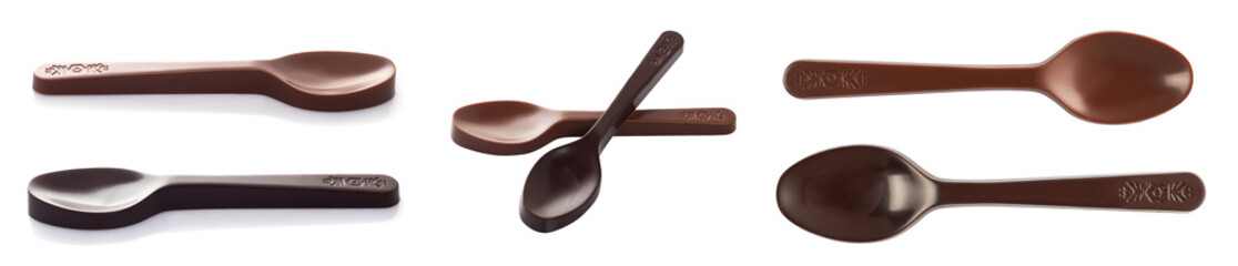 Set or collection chocolate spoons on a isolated background