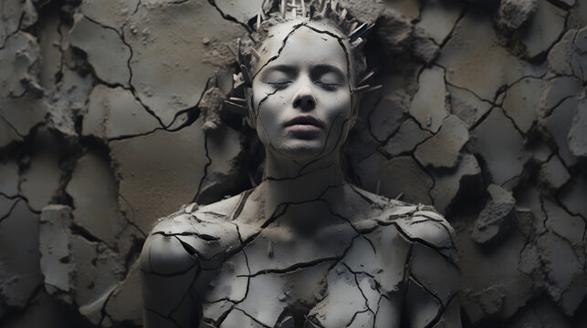 Highlight the inner strength that emerges from adversity with a photograph of a broken human figure embodying resilience. Showcase the intricate details that signify the process of healing and growth.