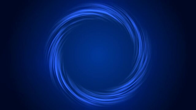 On a dark blue background , glowing lines move in a circle. Abstract animated background with free space in the middle, can be used horizontal and vertical.