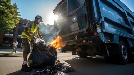 A recycling worker stands smiling and looks at the camera next to a garbage truck. Transporting garbage and garbage