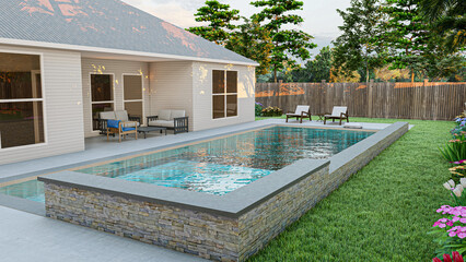 3D modeling and rendering of swimming pool design.