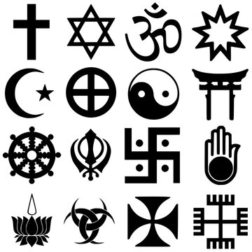 A set or collection  of Religious symbols, Christian Cross, Star of David, Omkar, Bahai, Crescent, Sun Cross, Yin-Yang, Shinto, Dharmacakra, Khanda, Swastika, Ahinsa, 