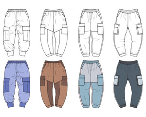 Cargo Pants colorful fashion hand drawing technical  template. Cargo pocket fashion mockup for training.