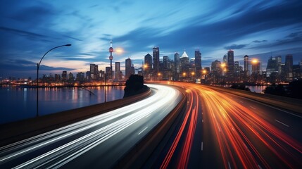 Fototapeta na wymiar Evening Rush Hour on Urban Highway with City Skyline in the Background. Generative ai