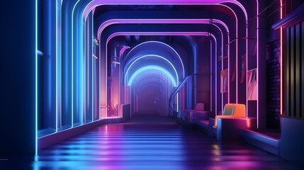 Modern Trendy 3D Design Background with Neon Room