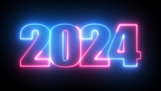 Glowing neon text 2024,  happy new year 2024,  New year text. Happy new year neon style