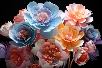  Artistic paper ranunculus with whimsical, ruffled petals and a painterly color scheme, Generative AI