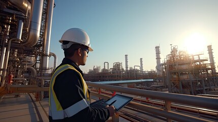 An engineer or oil and gas production supervisor with a digital pad monitors the supply and distribution of natural gas in the refinery. View of natural gas refinery pipe installation - obrazy, fototapety, plakaty