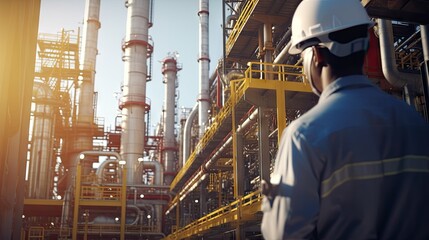 An engineer or oil and gas production supervisor with a digital pad monitors the supply and distribution of natural gas in the refinery. View of natural gas refinery pipe installation