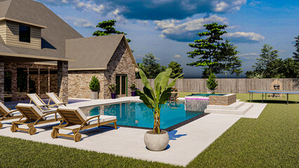 3D modeling and rendering of swimming pool design.