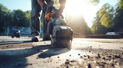 Construction worker with pneumatic hammer drilling equipment destroys the asphalt of the road - obrazy, fototapety, plakaty