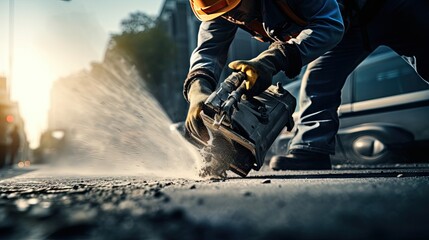 Construction worker with pneumatic hammer drilling equipment destroys the asphalt of the road - obrazy, fototapety, plakaty