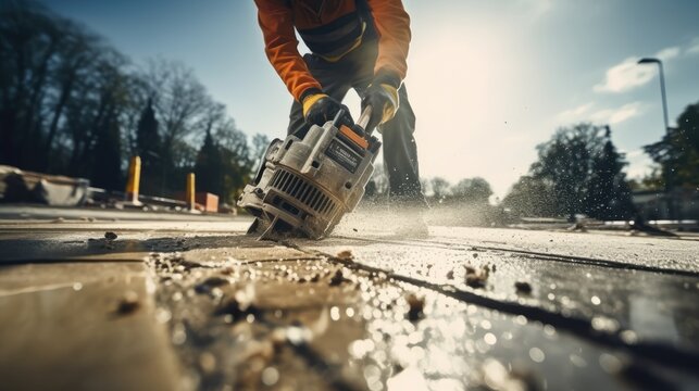 Construction worker with pneumatic hammer drilling equipment destroys the asphalt of the road