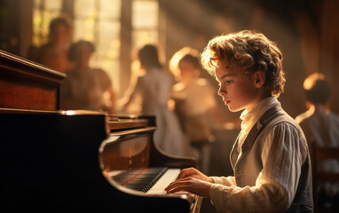 young boy playing piano - obrazy, fototapety, plakaty