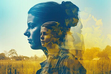 Collage in double exposure yellow blue colors with ukrainian woman, war
