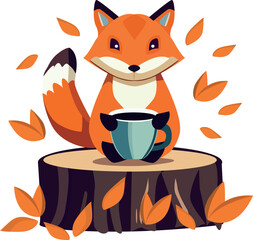 Fox with a cup of coffee in the autumn forest. High quality vector illustration.