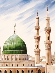 Fototapeta na wymiar Nabawi Mosque, minarets and domes, rendered in impressionism style, generative ai