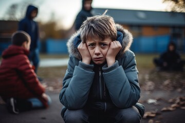 Fototapeta premium Caucasian boy being bullied in a schoolyard. Sad and pained expression. Concept of bullying and school bullying.