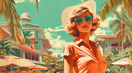 Pop art collage 1960s with beautiful abstract woman. Fashionable design with colorful background. Surreal Abstract Geometry. female lips and thoughts. Abstract collage.