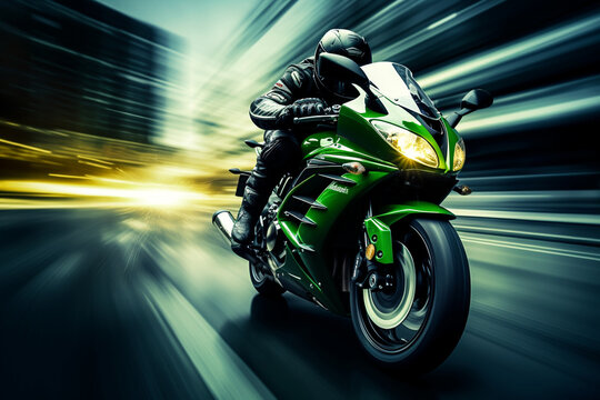 green motorbike rider at high speed along the highway,   3d rendering, AI generative  