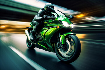 green motorbike rider at high speed along the highway,   3d rendering, AI generative  