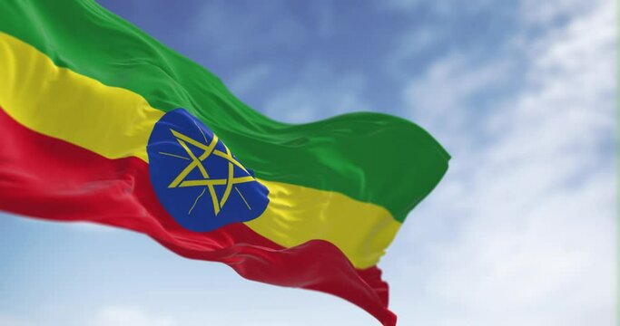 Close-up of Ethiopia national flag waving in the wind