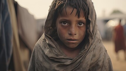Closeup of a ghetto boy, a starving orphan in a war refugee camp. With a sad expression and clothes and eyes filled with pain - obrazy, fototapety, plakaty