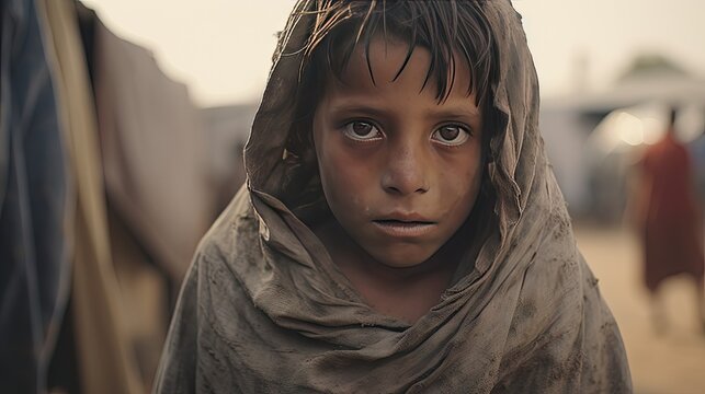 Closeup of a ghetto boy, a starving orphan in a war refugee camp. With a sad expression and clothes and eyes filled with pain